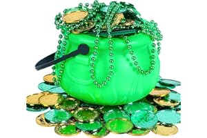 Bylion 5" St Patricks Day Green Plastic Cauldron with 100 Lucky Coins & Bead Necklace, Pot of Gold Pot for Leprechaun Decorations, Green & Gold Coins
