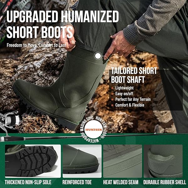 HUNTSEN FISHING WADERS FOR MEN WOMEN – 2-PLY NYLON/PVC WATERPROOF BOOTFOOT CHEST WADERS FOR HUNTING WITH BOOT HANGER & WATERPROOF PHONE CASE & REINFORCED NEOPRENE KNEES GREEN SIZE M10