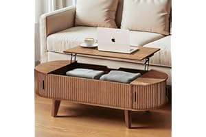 Pruchant Oval Lift Top Coffee Table with Storage, 47.2" Mid Century Modern Living Room Center Table with 180° Sliding Tambour Door, Wood Fluted Coffee Table for Home Office, Walnut