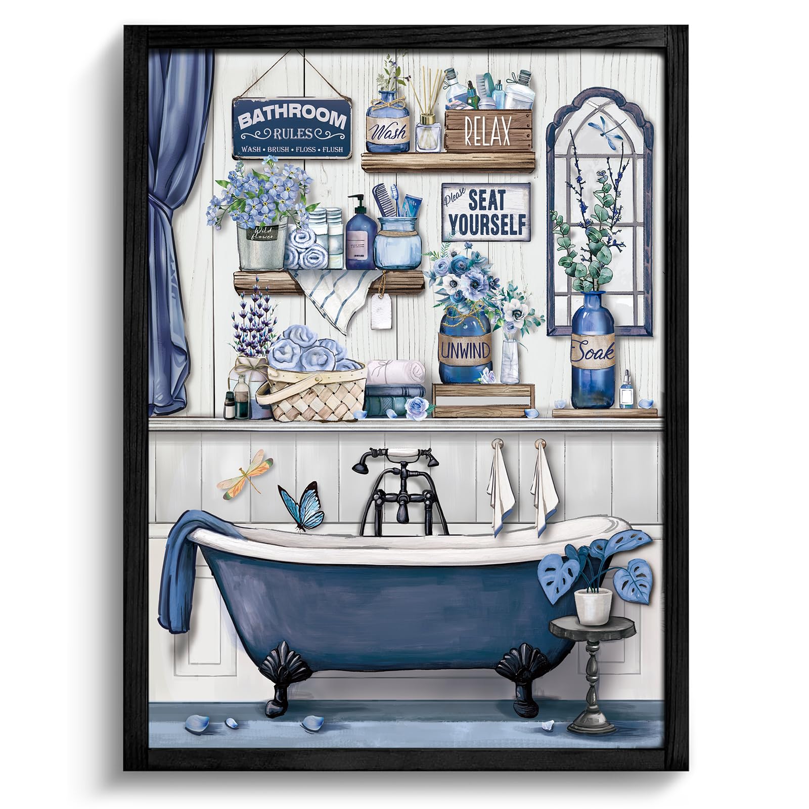 Photo 1 of ***CARDBOARD BACKING IS LOOSE WON'T STAY ON*** Yookeer Bathroom Wall Art Navy Blue Canvas Sign Rustic Framed Bathroom Decor 14'' x 11'' Please Seat Yourself Print Paintings Pictures Farmhouse Home Artwork for Bedroom Living Room Housewarming Gift
