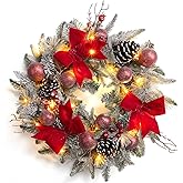 24" Pre-Lit Christmas Wreaths for Front Door, Lighted Flocked Christmas Door Wreath with 30 LED Lights, Red Balls & Bows for Xmas Wall Windows Decorations Outdoor