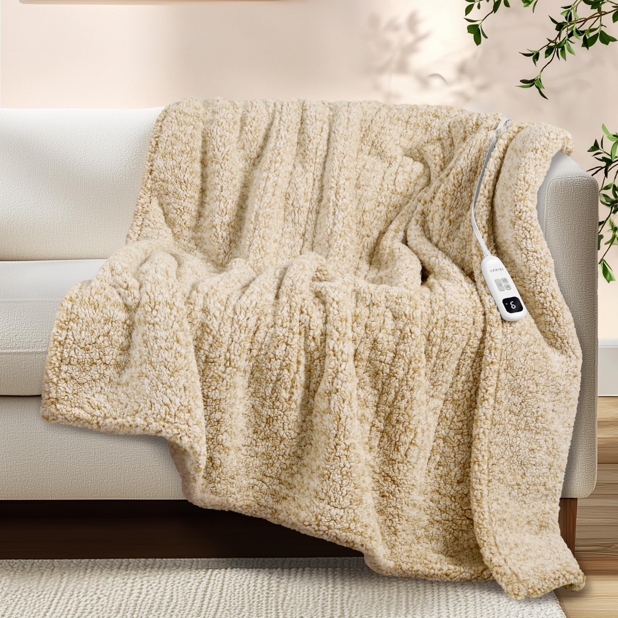 Photo 1 of blunique Heated Blanket Electric Blanket Throw - Fast Heating Blanket Throw Double Sided Sherpa Ultra Soft Cozy with 10 Heating Levels & 2-10 Hours Auto Off, Mashine Washable, 50 x 60 Inches, Camel