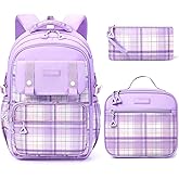 Fimibuke Kids Backpack for Girls, 3 PCS Waterproof Teens Girls School Backpack with Lunch Box, Pencil Pouch Set, Cute Bookbag Travel School Bag for Elementary Middle High School Student Age 6+(Purple)