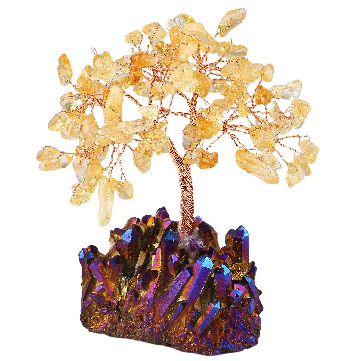 mookaitedecor Citrine Crystal Money Tree with Purple Titanium Quartz Crystal Base, Gemstone Feng Shui Ornaments Crystal Bonsai Tree Citrine Tree of Life Purple Ornament Good Luck Healing Crystal Gift