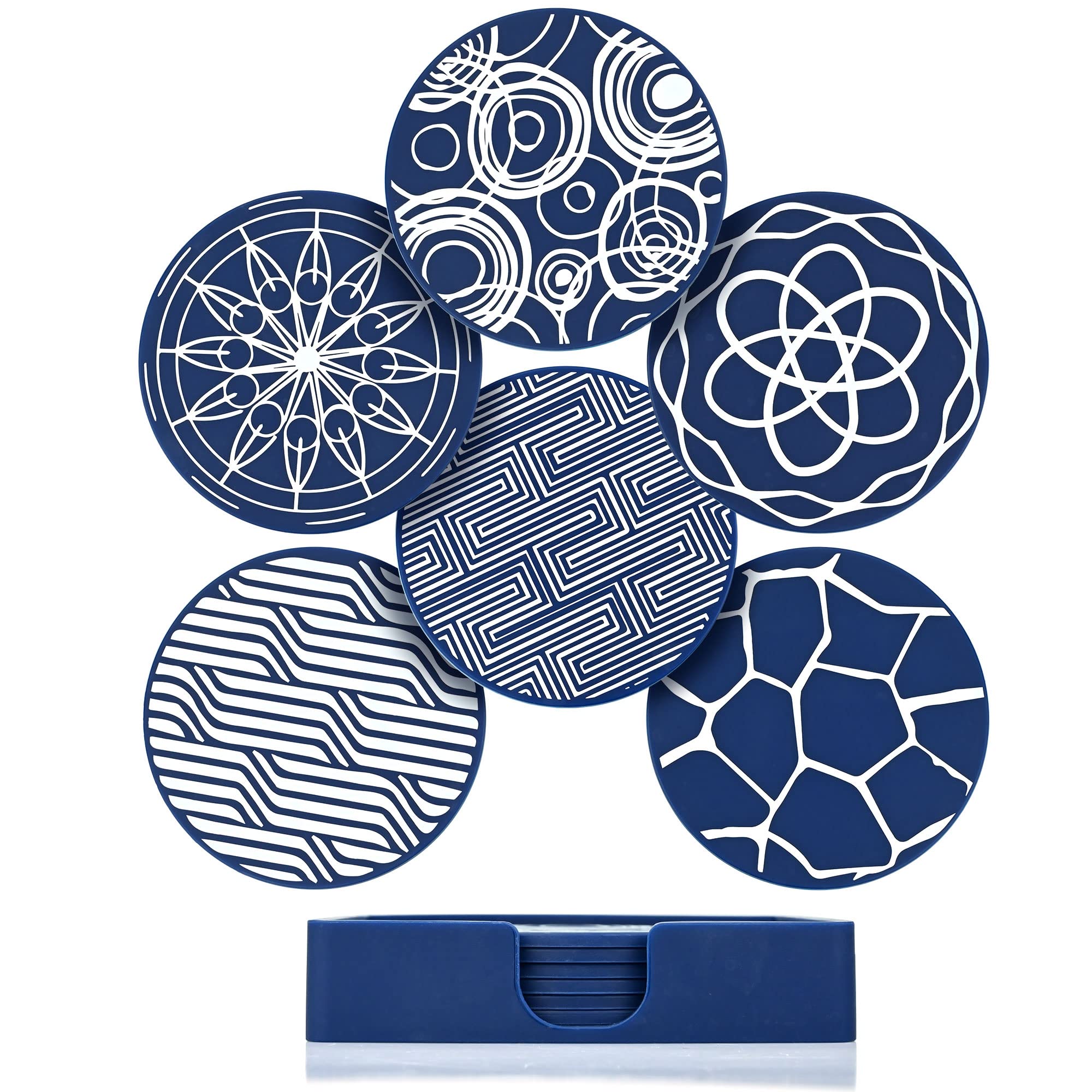 Drink Coasters Set of 6, Blue Round Silicone Rubber Cup Pad with Square Storage Box Non-slip Mug Mat Decorative Cup Coasters for Homes Bars Coffee & Most of Cups Beer Mug Wine Glass Bottle - 9.8cm