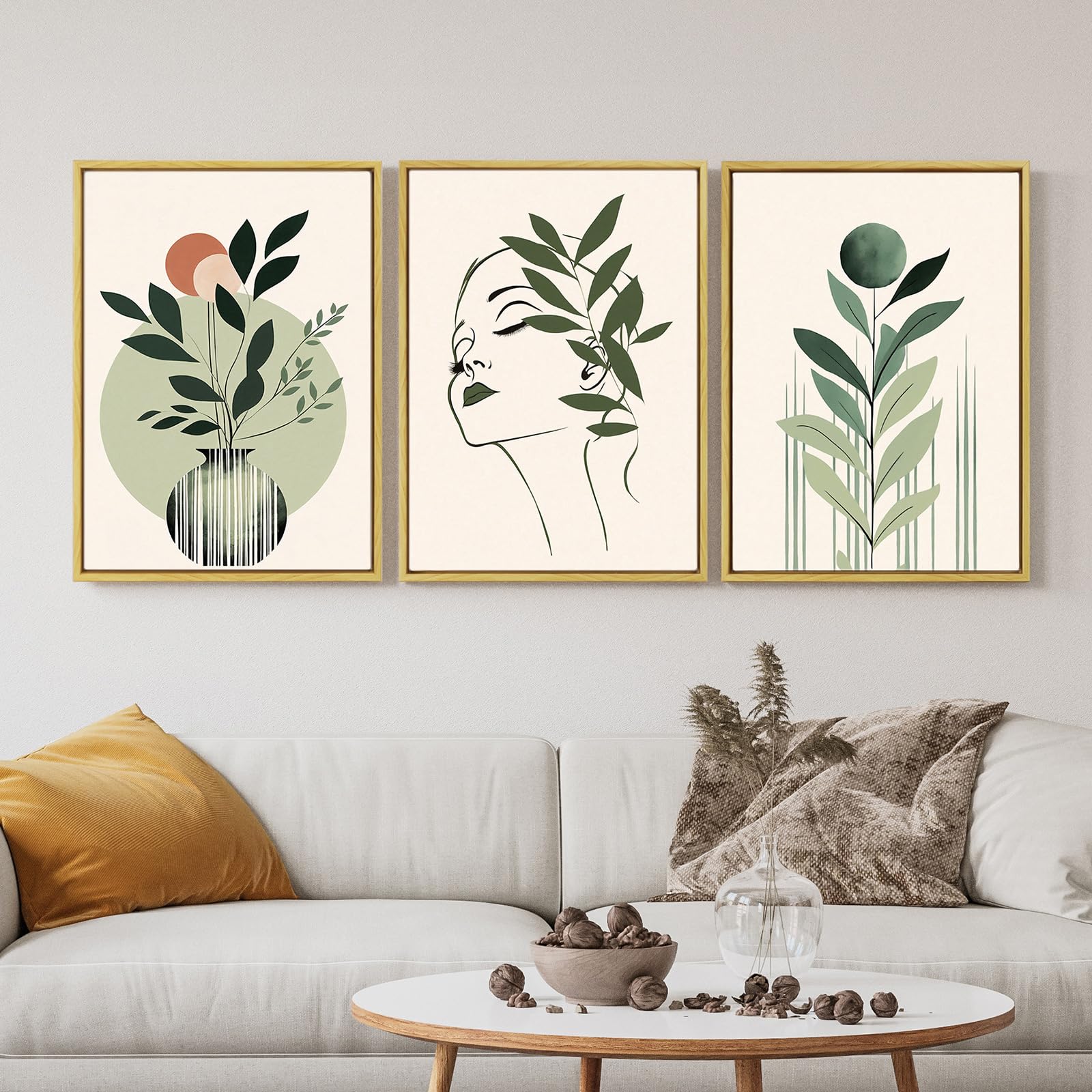 JBER Canvas Poster Set, Bohemian Decorative Prints, Beautiful Green Pictures, Modern Wall Decoration, Living Room and Bedroom Decoration, Framed, 30 x 40 cm