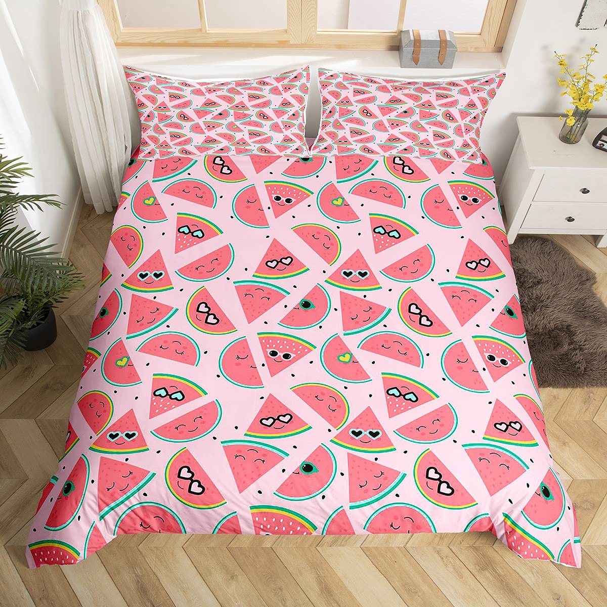 Homemissing Cute Watermelon Duvet Cover Cartoon Watermelons Bedding Set Funny Red Watermelon Slice Design Comforter Cover for Boys Girls Kids Pink Tropical Fruit Bedding & Linen Single Size
