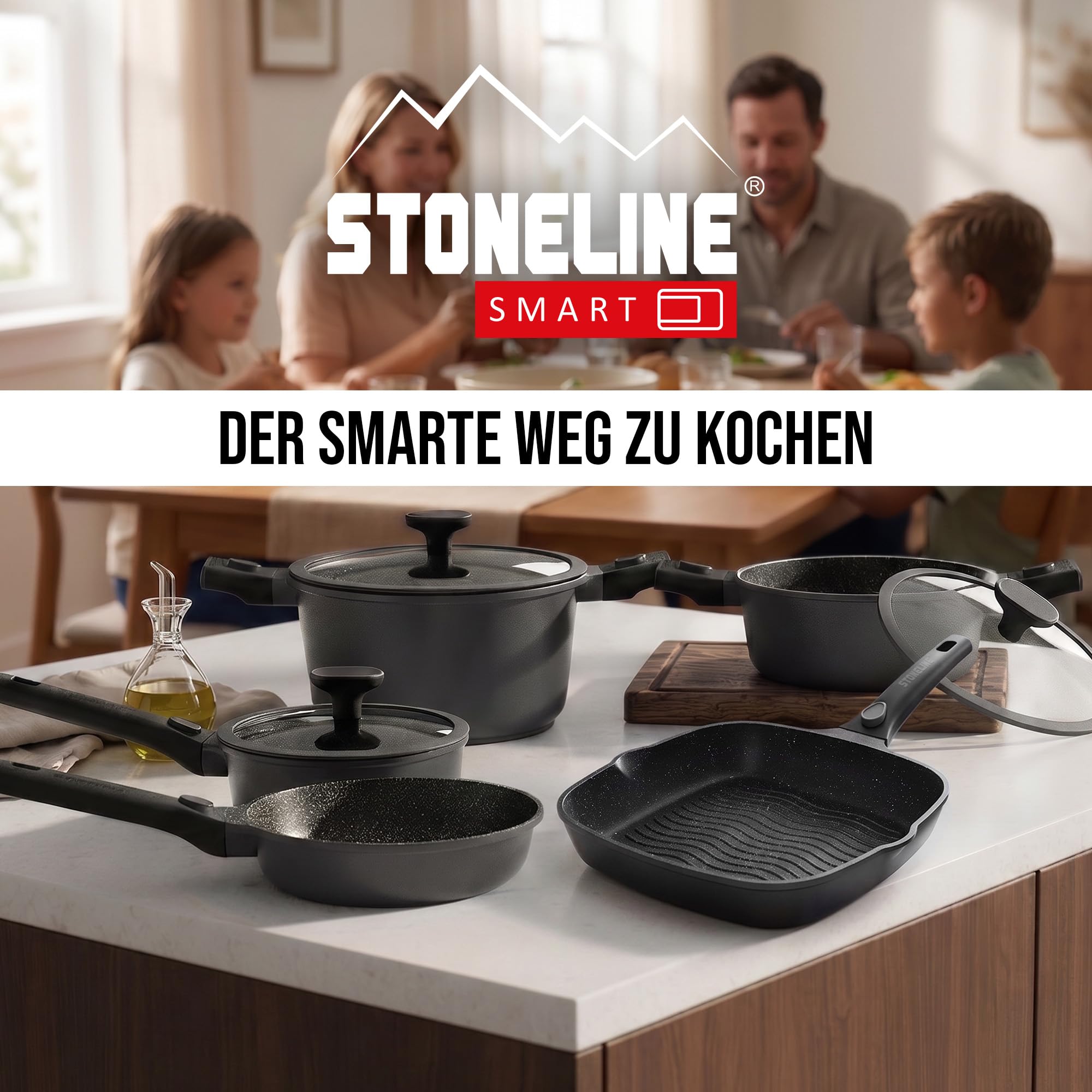 STONELINE SMART Grillpfanne 28 cm ☆ REDESIGN 25/26 ☆ Große Steak Pfanne Aluguss, Abnehmbarem Griff, Pfanne Induktion, Alle Herdarten, Antihaftbeschichtet mit echten Steinpartikeln, Grau 9