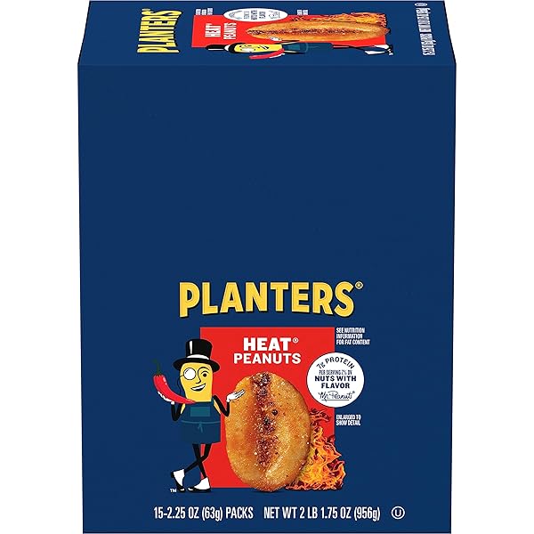 PLANTERS HEAT PEANUTS, SPICY NUTS, SPICY SNACK, SNACKS FOR ADULTS, PARTY SNACKS, PLANT-BASED PROTEIN, SNACKING NUTS, SNACKS ON THE GO, KOSHER, 2.25OZ BAGS (15 PACK)