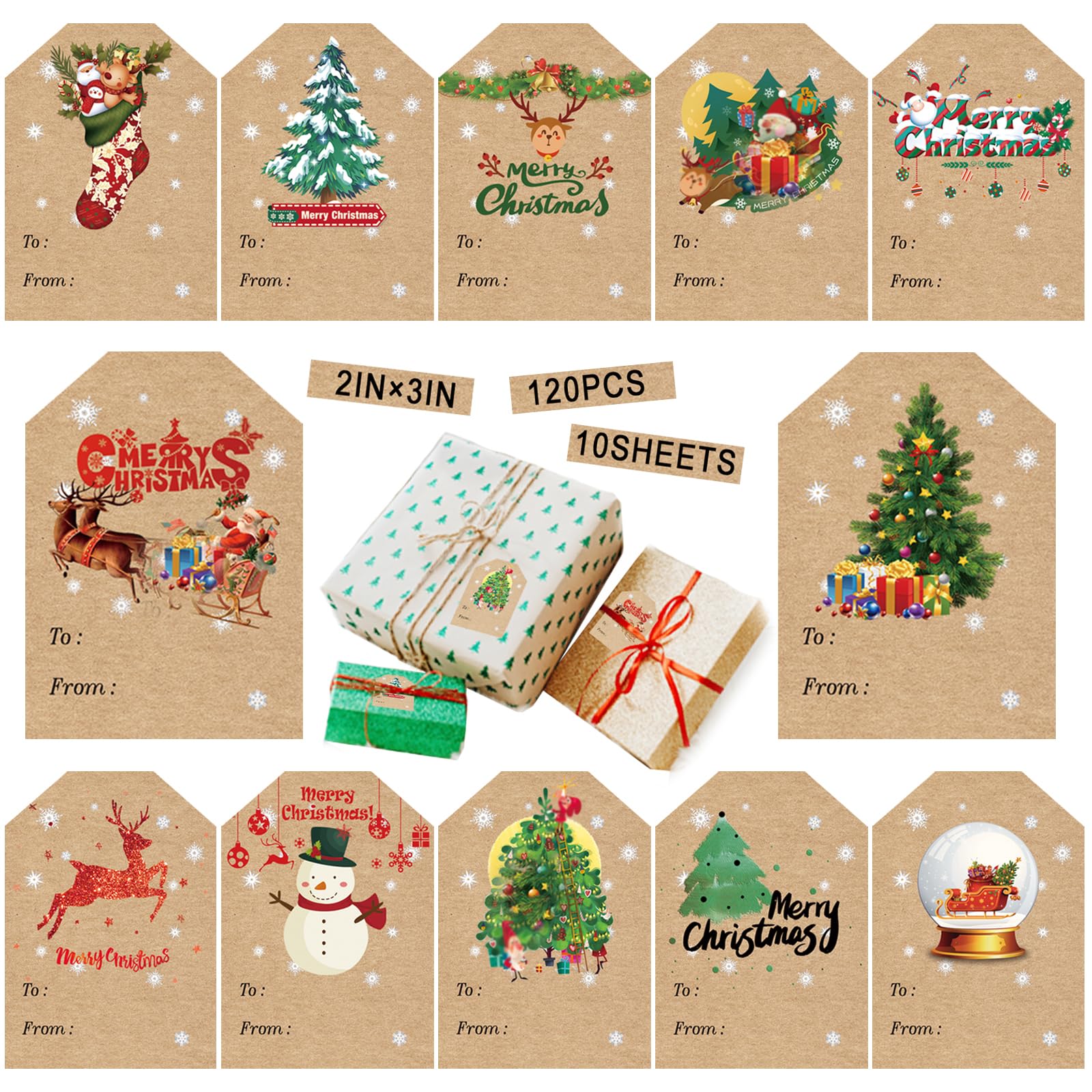Photo 1 of 120 Pcs Tags, Self Adhesive Gift Tag Stickers, Holiday Labels for Presents, Santa, Snowman, Tree, Reindeer, 2 x 3 Inch, Kraft Paper Stickers