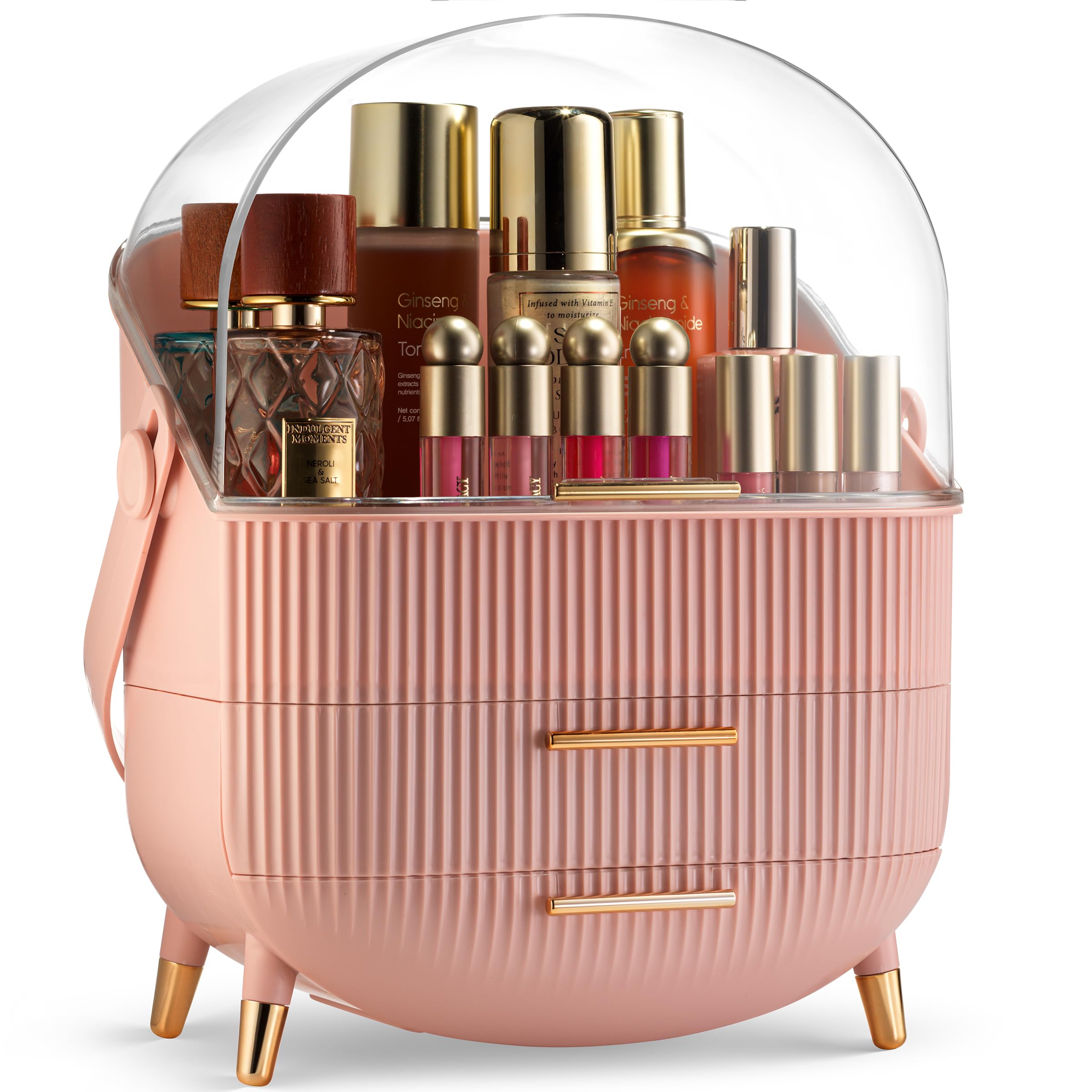 Photo 1 of ***COVER NOT INCLUDED/NO CLEAR COVER HALF-DOME***Covered Makeup Cosmetic Countertop - Large Cosmetic Organizer - Trendy Oval Shape Storage for Skin Care Organizer - Clear Lid, Storage Drawers, Carry Handle - Cute Stylish Decor Solution (Pink)