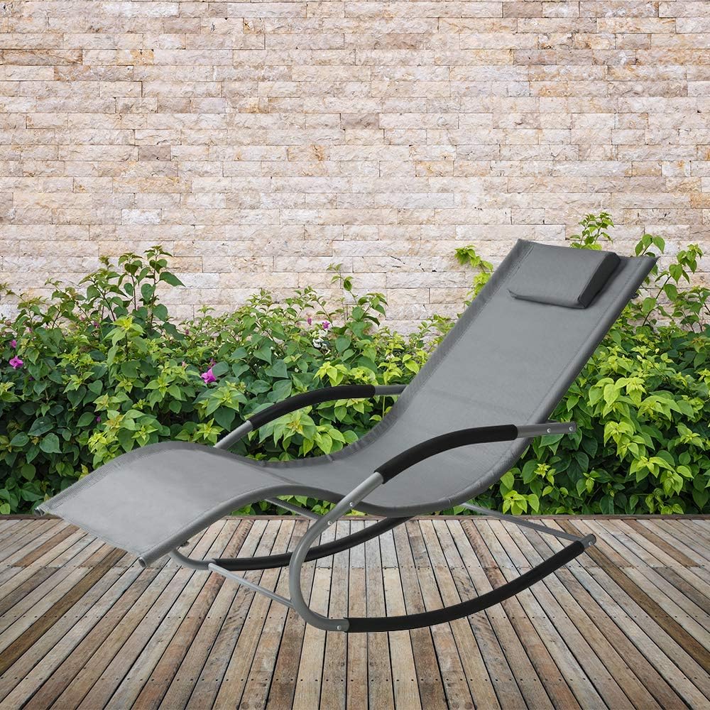 TRUESHOPPING Rocking Patio Sun Lounger - Grey Weather UV Resistant Textilene Fabric with Integral Pillow, Relaxing Gentle Rocking Motion, Padded Armrests, Sturdy Steel Frame