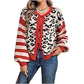 WDIRARA Women's Leopard Tie Front Cardigan Sweaters Striped Lantern Long Sleeve Knit Outerwear
