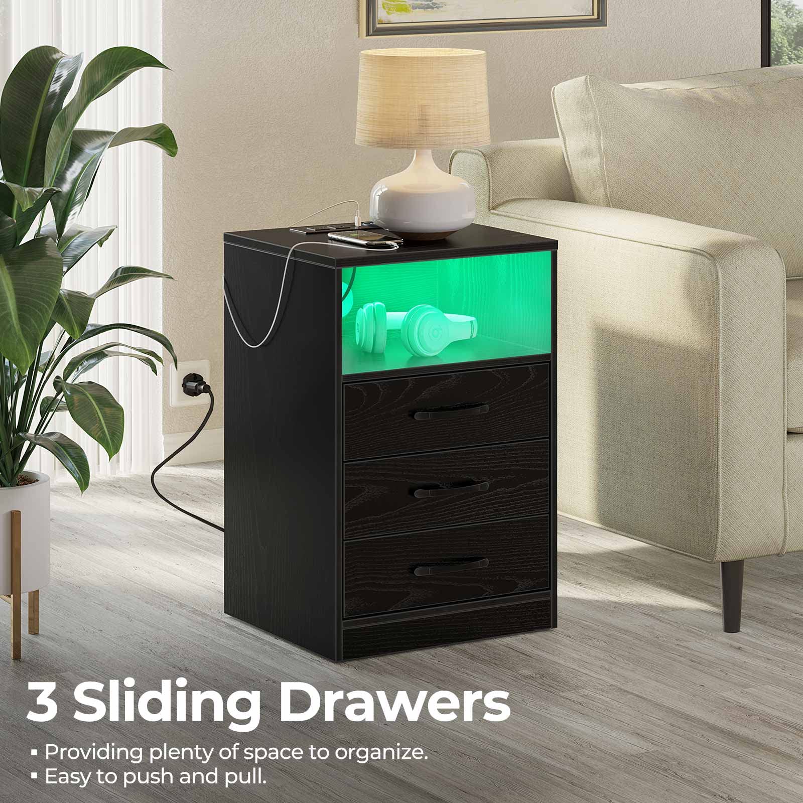 Seventable Nightstand with Wireless Charging Station and LED Lights, Modern End Side Table with 3 Drawers and Open Compartment for Bedroom, Black
