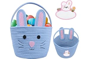 Brbecon Easter Bunny Basket for Kids with Name Tag, Blue Small Woven Easter Basket for Girls, Easter Egg Hunt Baskets Bags Easter Gifts Basket for Girls Baby Kids Children 9.8 x 7.8 x 7.8"