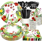 175Pcs Tropical Luau Party Supplies Aloha Hawaiian Paper Plates Set 9"& 7"Luau Plates Tropical Napkins Knives Forks Spoons Cups for Hawaiian Themed BBQs Summer Luau Birthday Party Decorations Serve25