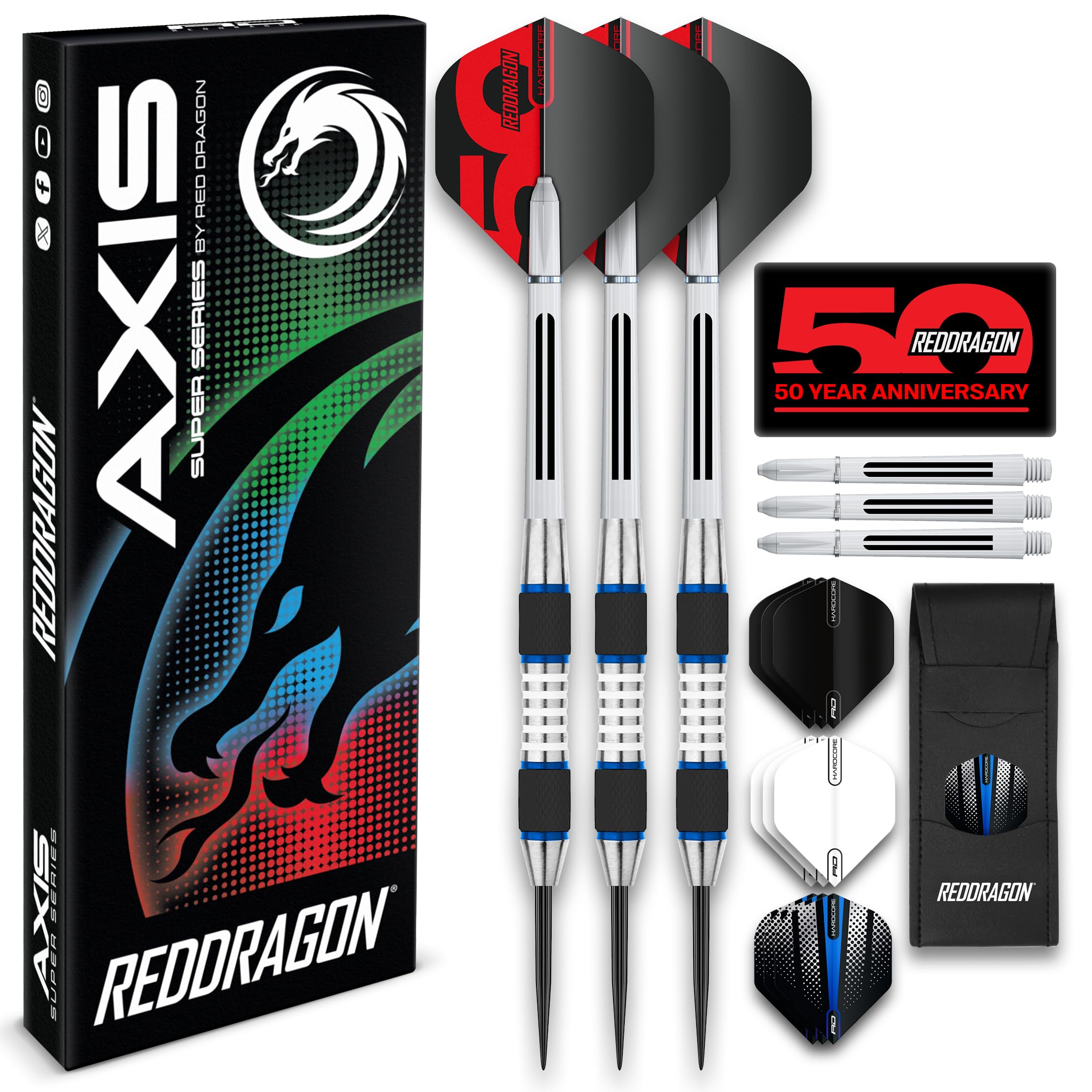 RED DRAGON Darts – Axis Blue Series 24g– Steel Tip 85% Tungsten Professional Darts Set with Dart Flights, Stems & Wallet