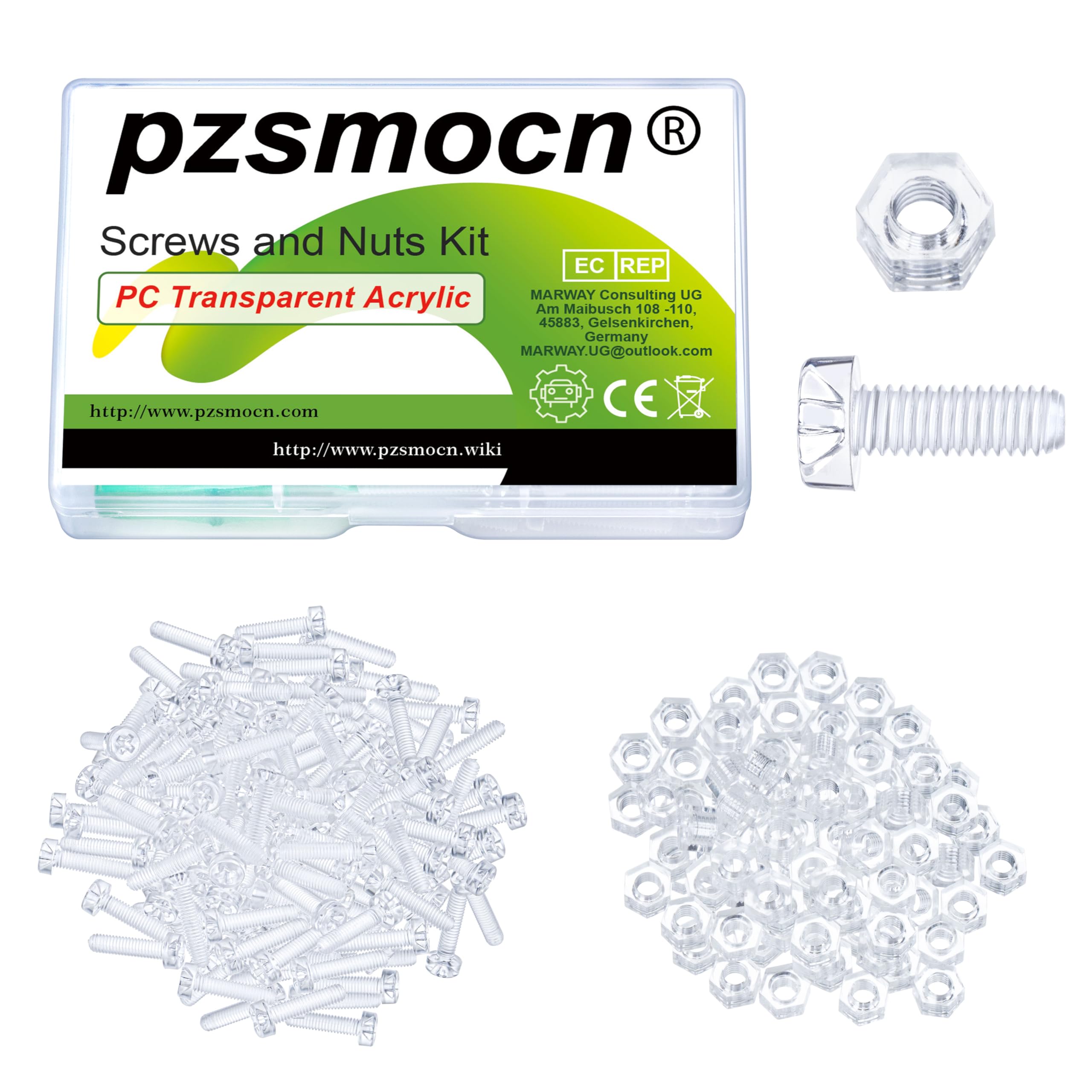 Pzsmocn 200 Pieces/100 Sets M4*12 mm PC Transparent Plastic Cross-recessed Round Head Screws and Hexagonal Nuts Kit, Corrosion-resistant, for DIY, Model and Electronic Product Fixation.
