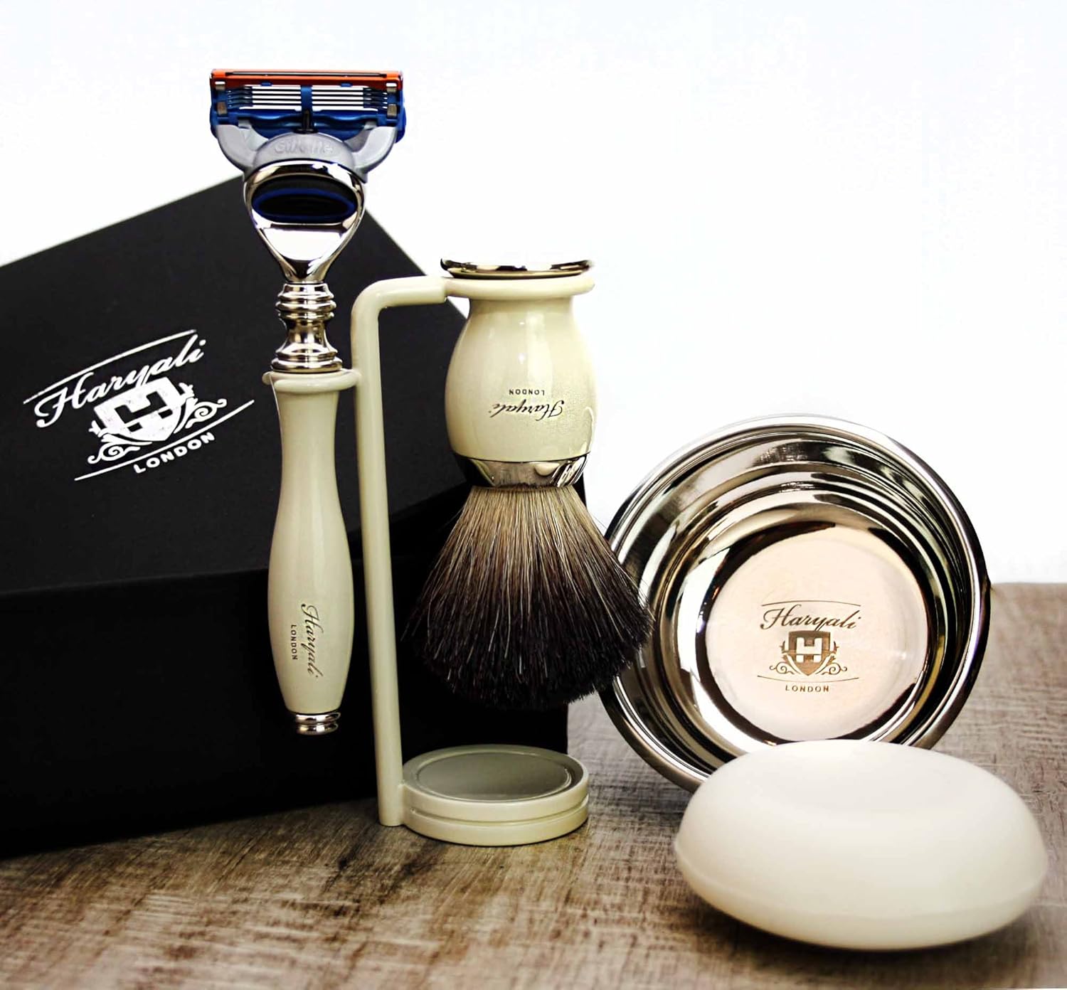 Haryali London 5Pc Mens Shaving Kit 5 Edge Shaving Razor, Black Badger Hair Brush, Bowl, Soap and Stand Perfect Set for Men - Image 3