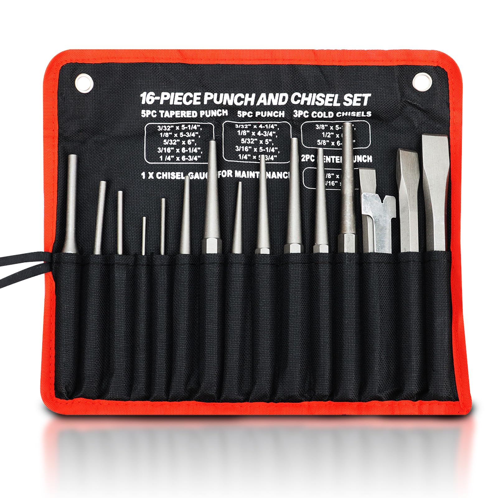 16Pcs Mechanics Punches and Chisel Set, Heavy Duty Pin Punch Center Punch Cold Chisel Punch Set with Bag and Cold Gauge, Metal Chisel Set for Bolting for Carving/Masonry/Metal Punching/Riveting