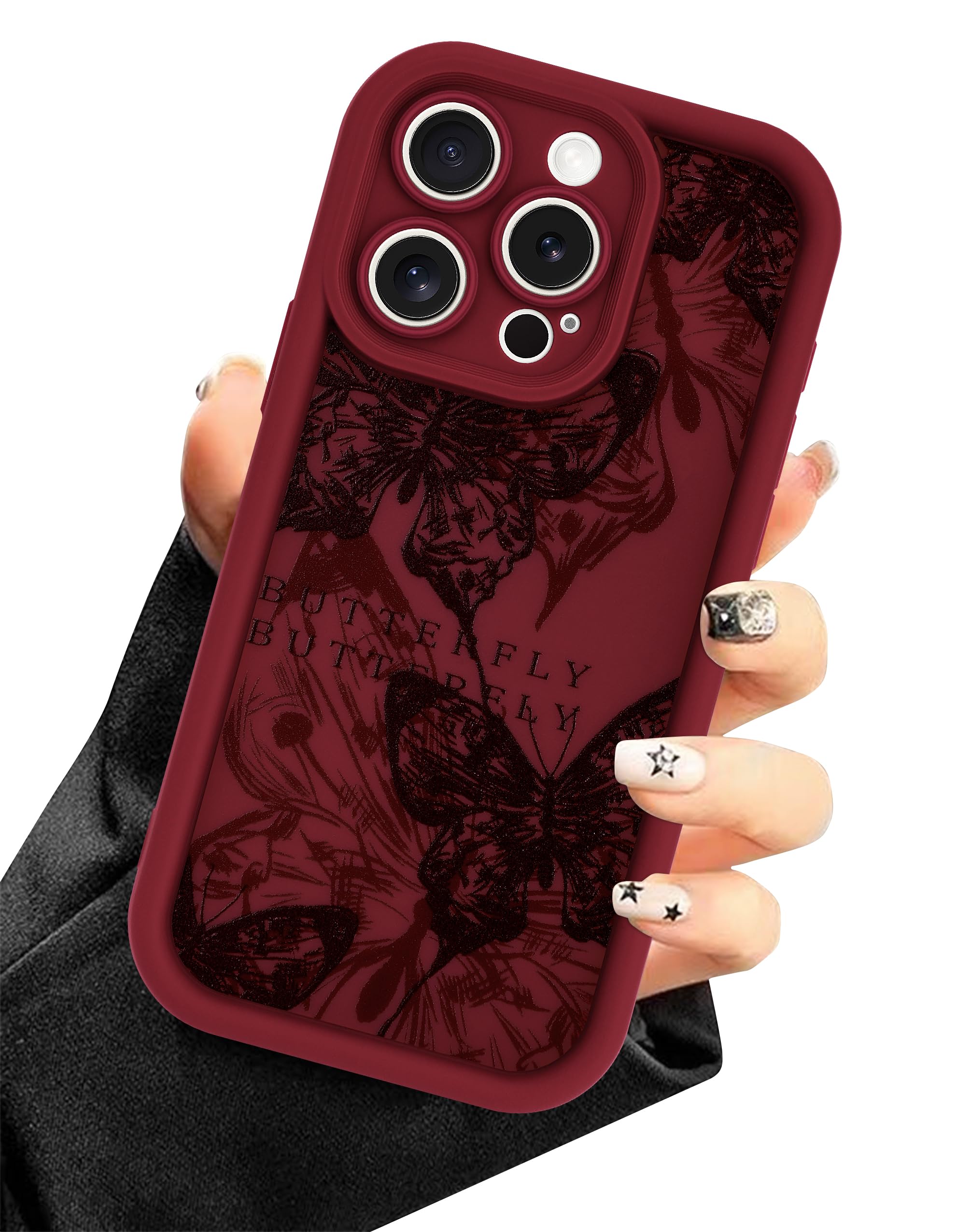 Aitipy Burgundy Red Phone Case for iPhone 15 Pro Max, Cute Aesthetic Red Butterfly Design Case, Soft Silicone Slim Shockproof Protective Phone Cover for Women Girls - Maroon