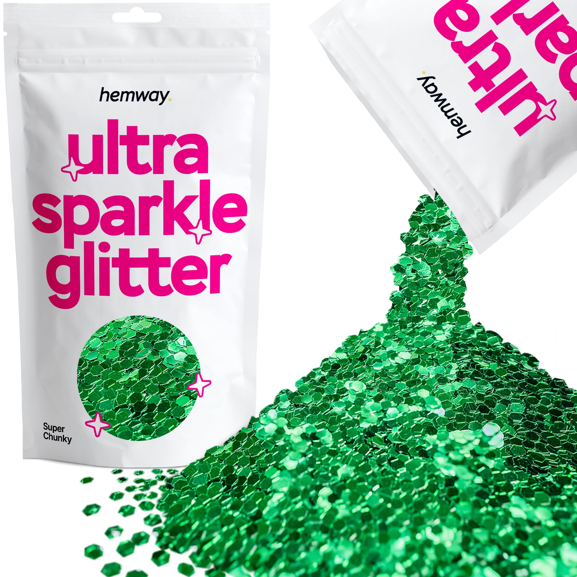 Hemway Ultra Sparkle Glitter Emerald Green 100g Super Chunky | Glitter for Arts & Craft, Makeup, Nail Art, Crafting, Card Making, Sparkle Decoration