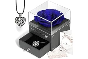 VISIBILIO Blue Preserved Rose Box, Blue Eternal Rose with Necklace, I Love You Gifts for Girlfriend, Aromatherapy Necklace for Women, Birthday Gifts for Wife, Mother Necklace Gift