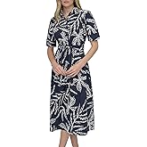 DKNY Womens Short Sleeve Cotton Poplin Collared Midi Shirtdress