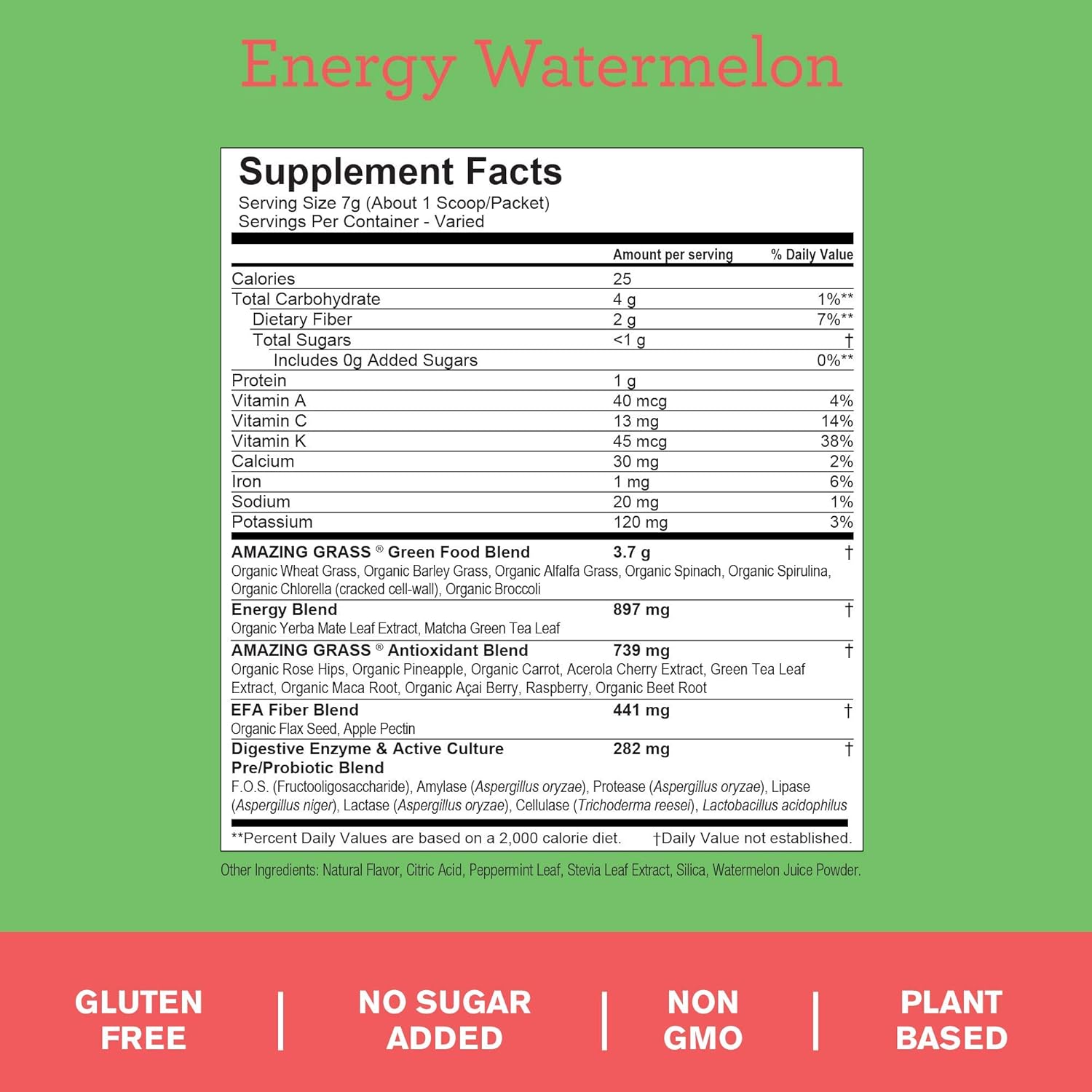 Amazing Grass Green Superfood Energy: Super Greens Powder & Plant Based Caffeine with Matcha Green Tea, Watermelon, 30 Servings : Grocery & Gourmet Food