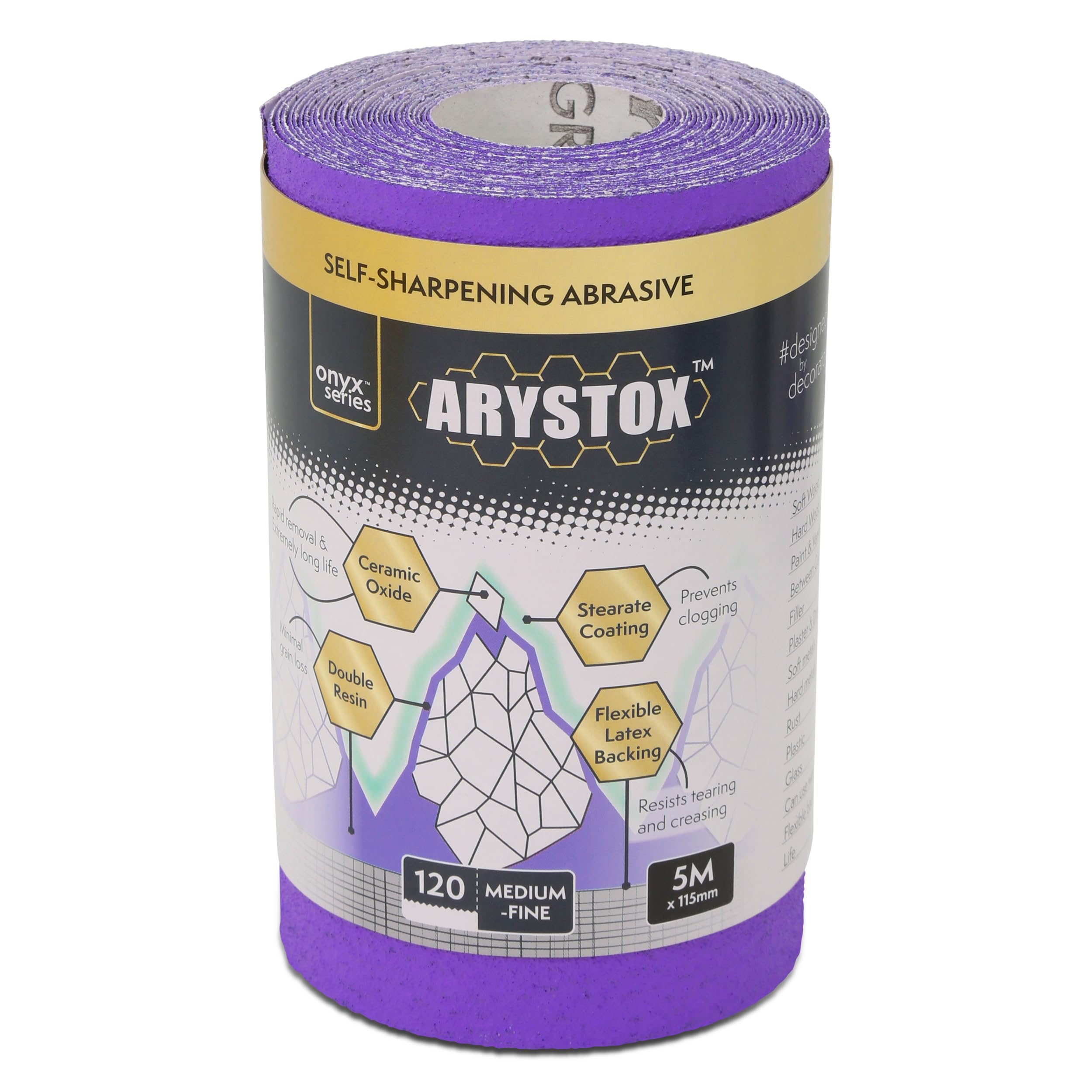 Axus Decor Arystox Ceramic Oxide Abrasive Paper (Onyx Series) Sandpaper Roll, Non-Stick & Long Lasting, Metal & More, Ideal For Professional Painter's & DIY enthusiasts - 5m x 115mm, 120 grit