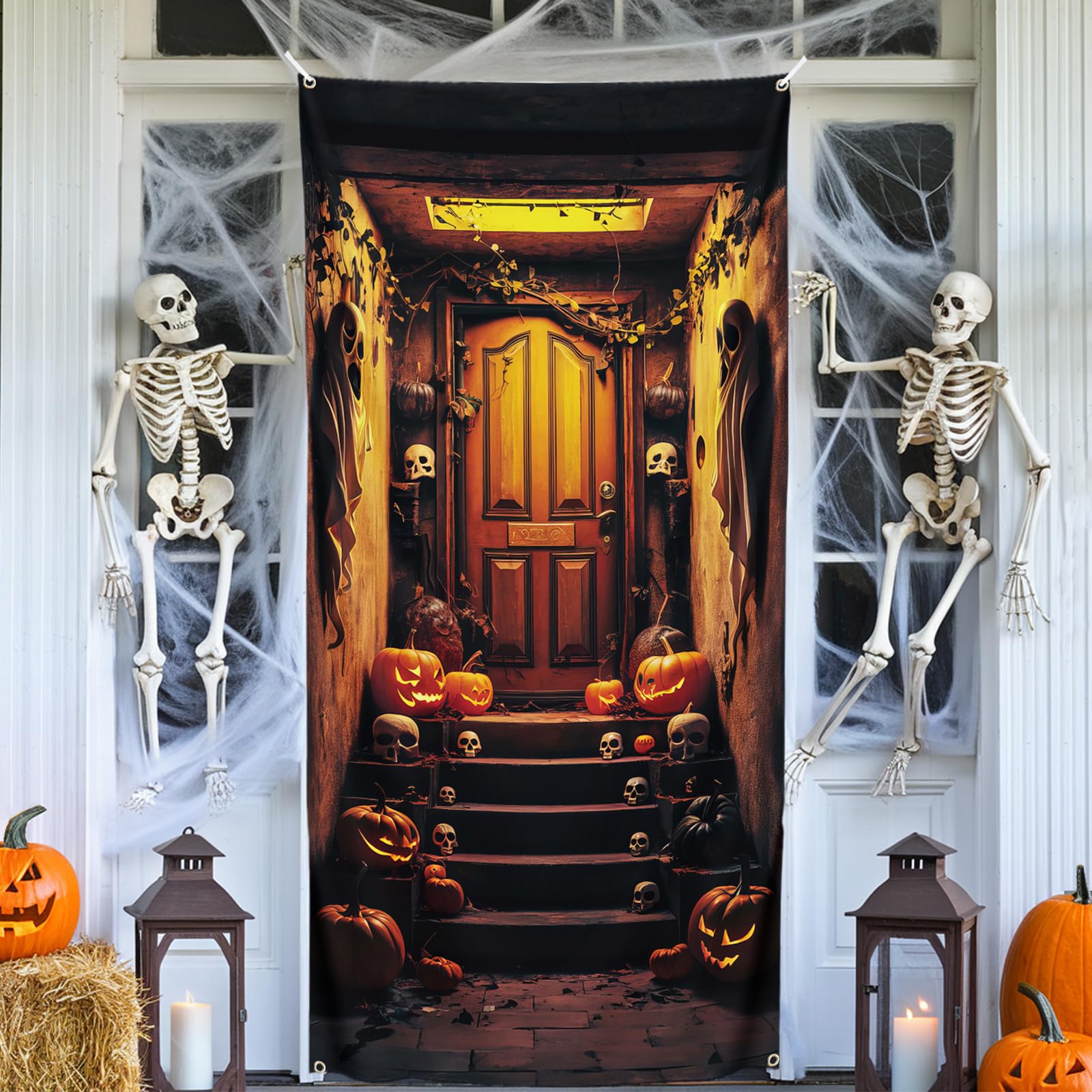 Halloween Decorations Door, Halloween Door Banner, Basement Stair Door Cover, Spooky Doorway Backdrop Banner Decoration, Large Fabric Door Background for Indoor Outdoor Party Supples 185 x 90 cm