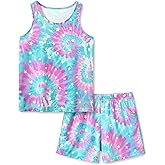 Topgal Summer Pajamas for Little/Big Girls - Tie Dye Kids' Tank Top & Shorts 2-Piece Sleepwear Set Size 6-18