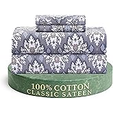 Feather & Stitch 300TC Queen Size 100% Cotton Sateen Weave Printed Sheet Set, Cooling & Breathable Bed Sheets Set, 4 Piece 16" Elastic Deep Pockets, Soft Hotel Quality- Queen, Vintage Damask