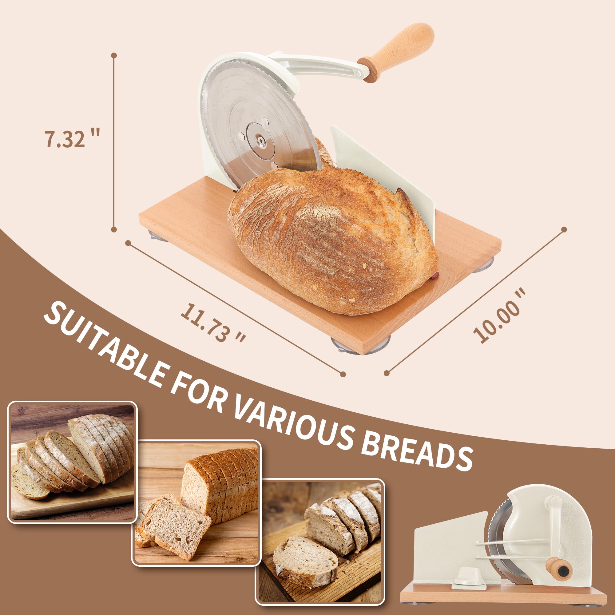 CAWIU Manual Bread Slicer with Hand Crank- Adjustable Thickness Bread Cutter for Even Slices, Perfect for Homemade Sourdough, Sandwich, and More, Cream