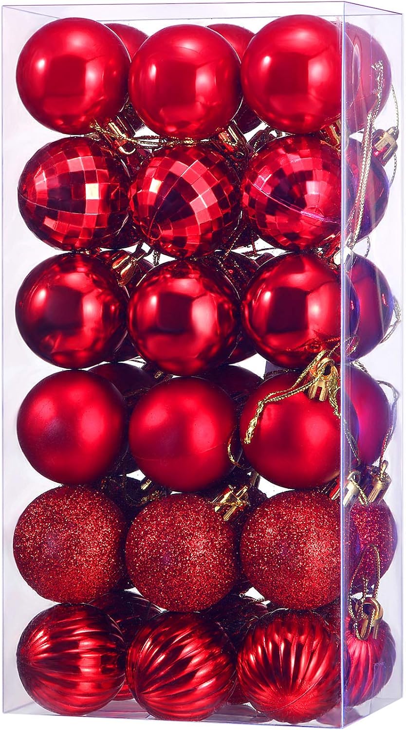 Ornaments - 36 Pieces Christmas Ball Ornaments Christmas Decorations Tree Balls for Tree Ornaments Holiday Wedding Party Decoration Hooks 1.57 Inch (Red)