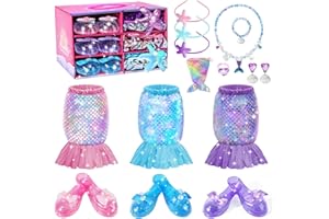 EVIMIS Princess Dress Up Set for Little Girls - 3 Mermaid Dress, Shoes, Headbands, Ring, Bracelet, Earrings, Necklace & Mermaid Bag- Girls Dress Up Clothes for Play 3 4 5 6 7 8 Years Toddlers Girls Kids