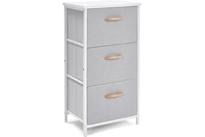 LAND·VOI Fabric Storage Drawer, 3 Drawers Nightstand, Removable Drawers Dresser for Bedroom, Office, Living Room and Hallway Entryway Closets, Steel Frame Wood Top, Easy Pull Handle, White Grey