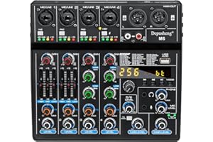 Depusheng M6 Portable Mini Mixer 6-Channel Audio Mixer DJ Console with Sound Card, Bluetooth Function, USB, 48V Phantom Power for PC Recording Webcast Party with 256 DSP