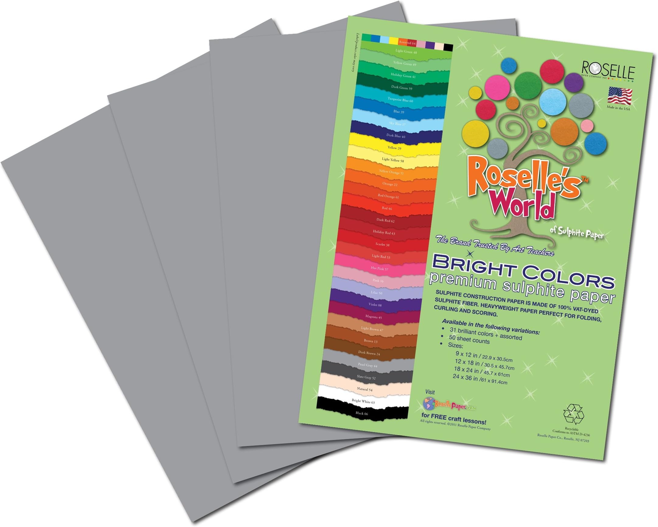 Roselle Bright Colors Suphite Construction Paper, 9 x 12 Inches, Pearl Gray, 50 Sheets Per Package (74401)