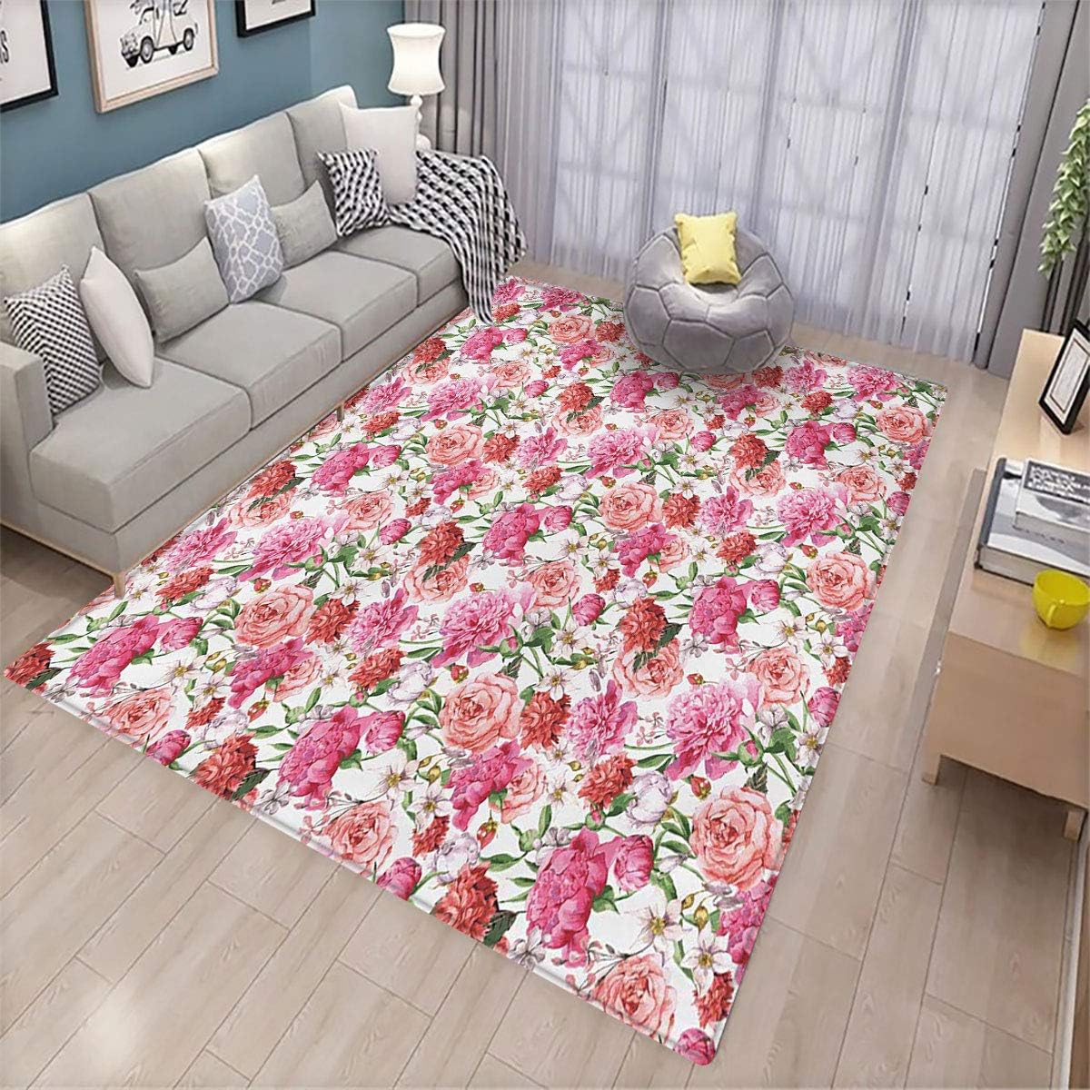 Shabby Chic Soft Rug Summer Spring Garden Flowers with Leaves and Buds Artwork Large