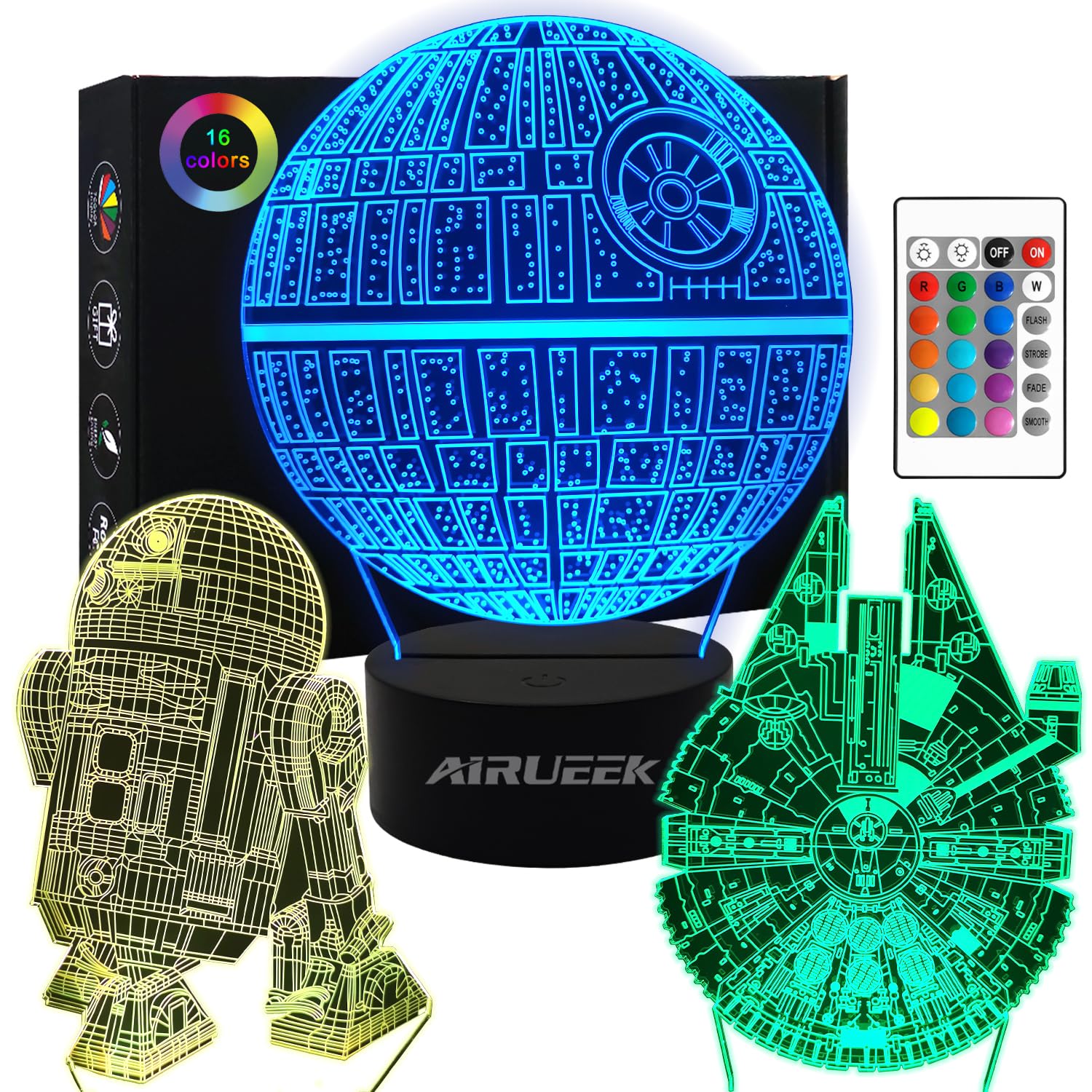 AIRUEEK 3D Night Lights Star Wars Toys, 3 Patterns Star Wars Lamp with Smart Touch and 7 Color Changing Light Gifts for Men Boys Girls Kids Fans Birthday Christmas