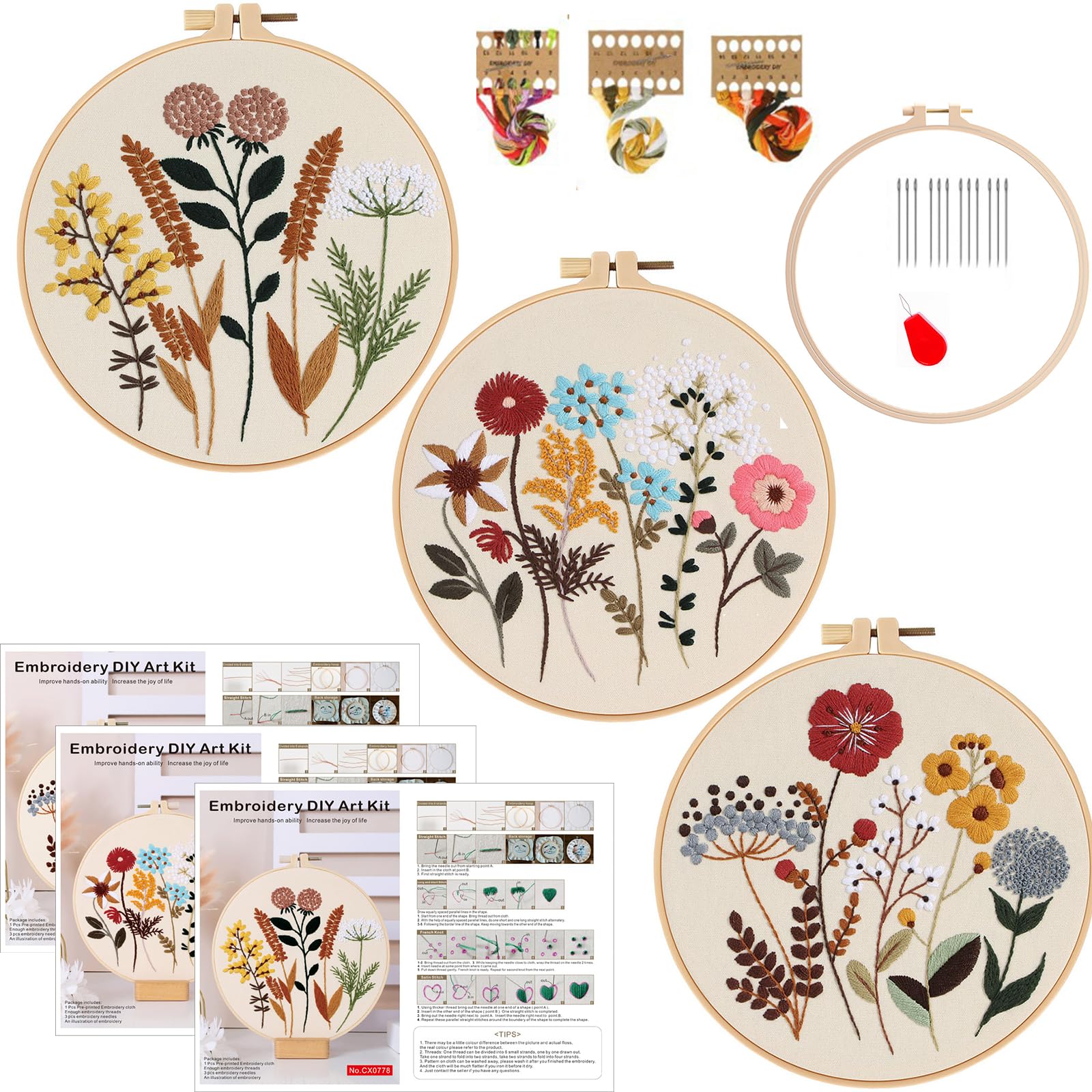 Smart-Feather 3 Sets Embroidery kit for Beginners, Hand Embroidery Kits for Adults with Hoop, DIY Art Project Craft Kit (Flower)