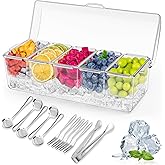 Bgtecho Condiment Tray, Large Ice Chilled Condiment Server Caddy with Lid, 5 Removable Compartment, Clear Garnish Serving Platter with Stainless Steel 5 Spoons 5 Forks 1 Clip for Bar Fruit Salad Food
