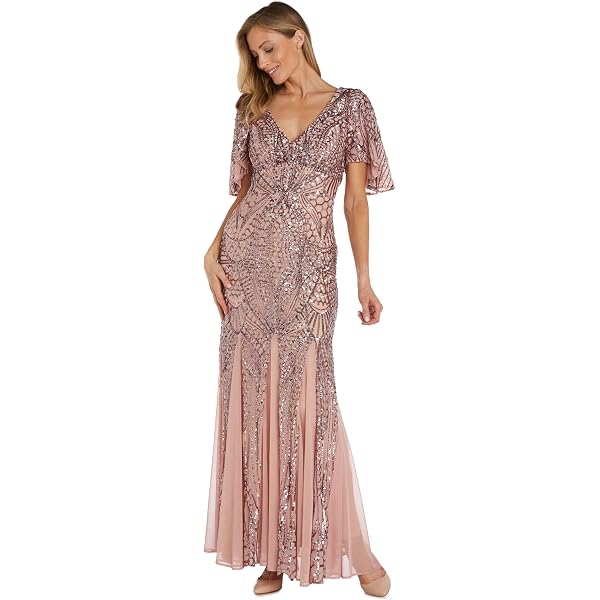 chinese dress ladies R&M Richards Womens Sequined Mesh Evening Dress Black 16 main image 0