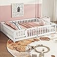 Queen Size Floor Bed with Slats and Center Support Bar, Queen Size Montessori Floor Bed with Fence and Door, Kids Montessori Beds, Queen Size Floor Beds for Kids, Girls, Boys, White