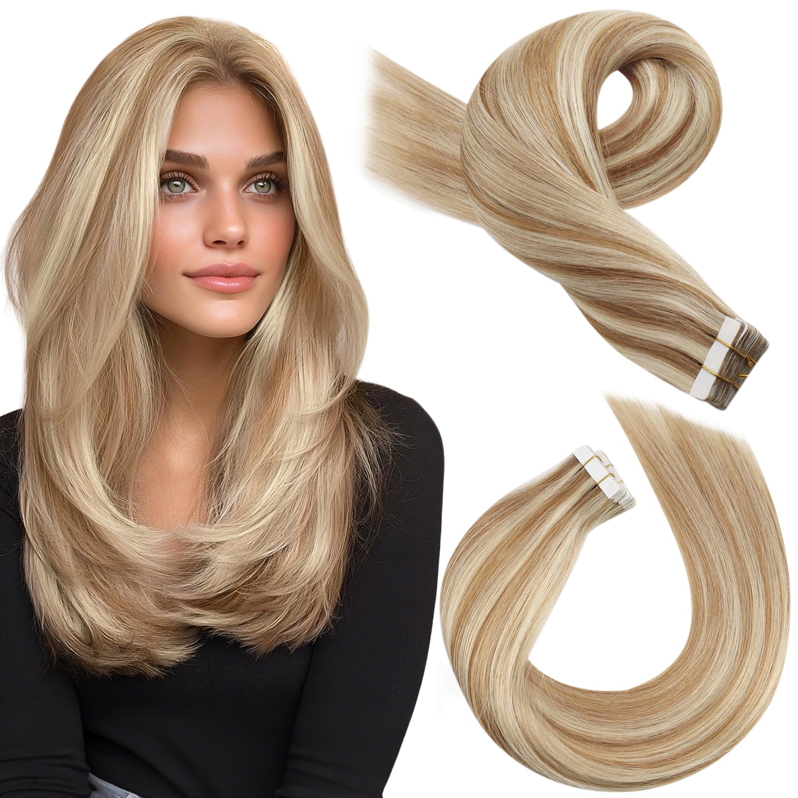 Moresoo Tape in Hair Extensions Human Hair Highlighted Medium Brown mixed with Platinum Blonde Tape in Human Hair Extensions 14 Inch 20 Pieces/50g #P6/60