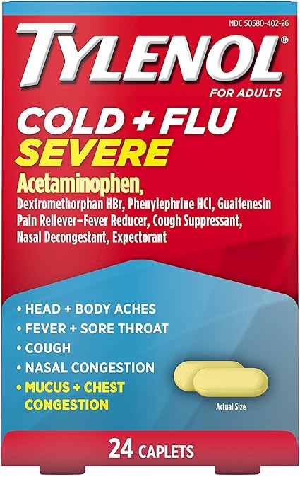 Amazon Com Tylenol Cold Flu Severe Medicine Caplets For Fever Pain Cough Congestion 24 Ct Health Personal Care