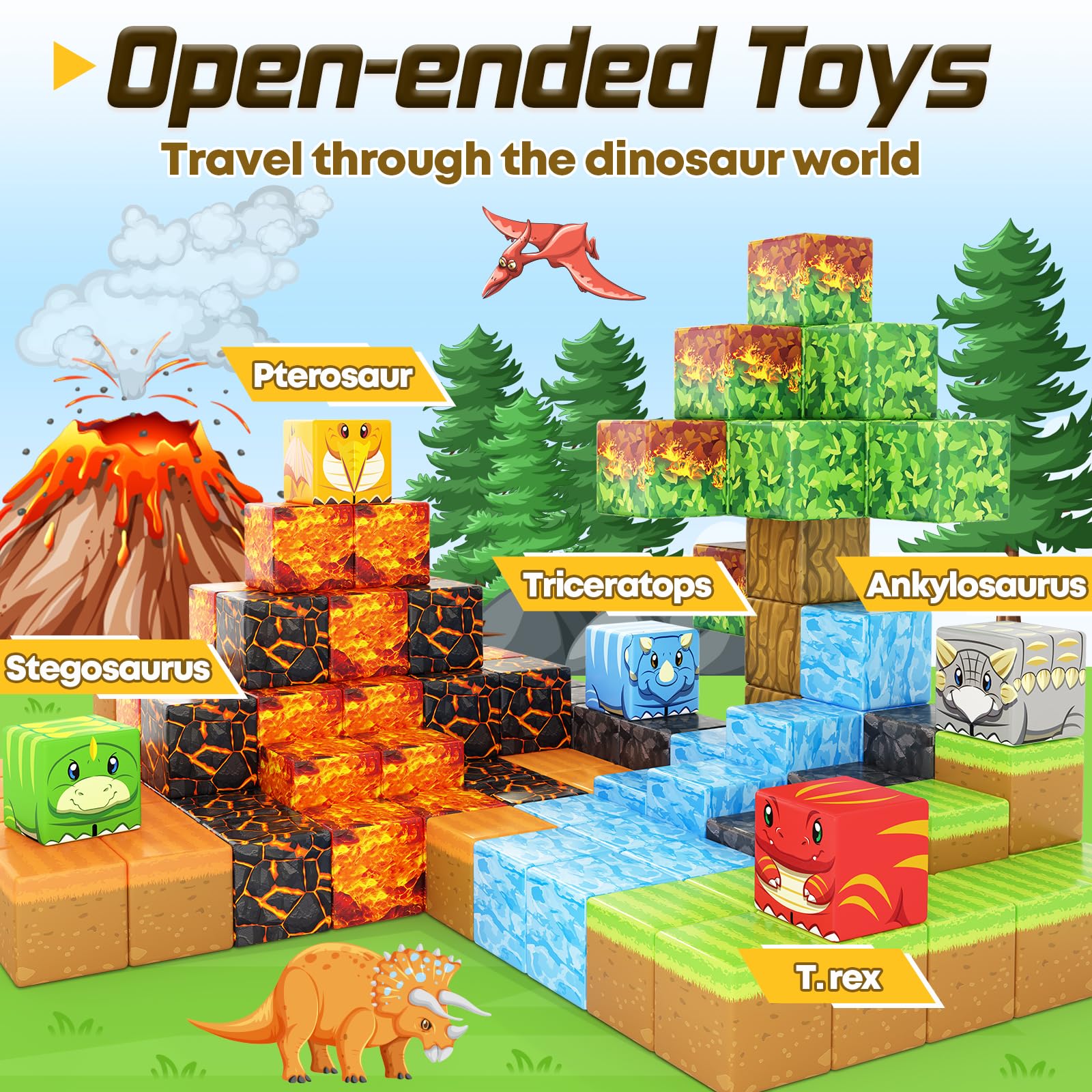 Dinosaur Toys Magnetic Blocks-Build Mine Magnet World Volcano Edition Kids Toy for 3+ Year Old Boys and Girls Building Blocks Toddler Toys Games Through Jurassic Learning Sensory Toy Gifts