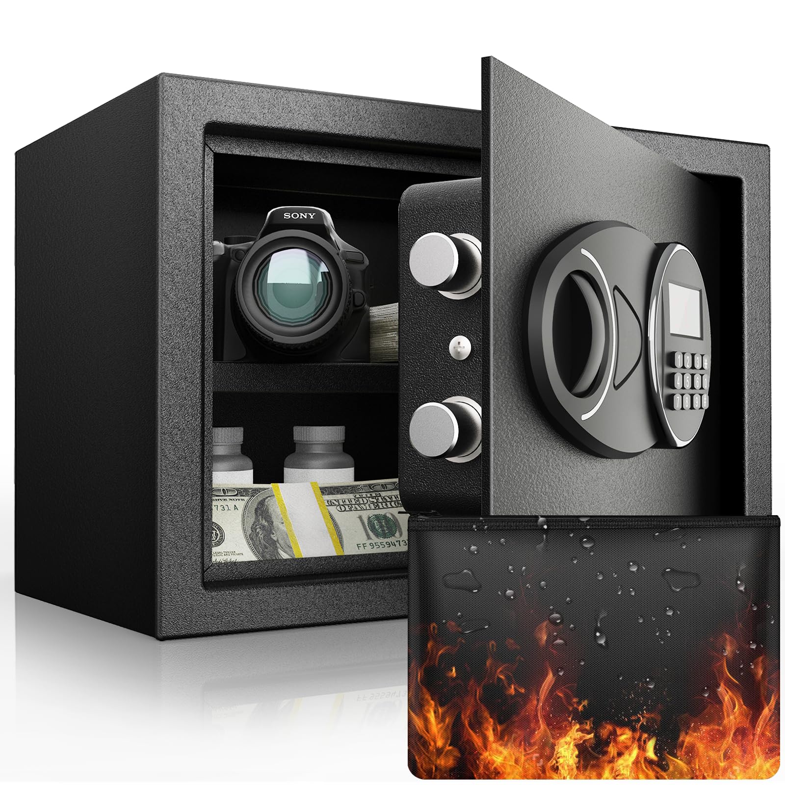 Photo 1 of <1.2 cu.ft.> Fireproof Safe for Home Documents, Safe Box Fireproof Bag with Removable Shelf for Guns and Valuables, Steel Safes Lock Box for Office, Home, Hotel, 9.84"D x 13.78"W x 9.84"H