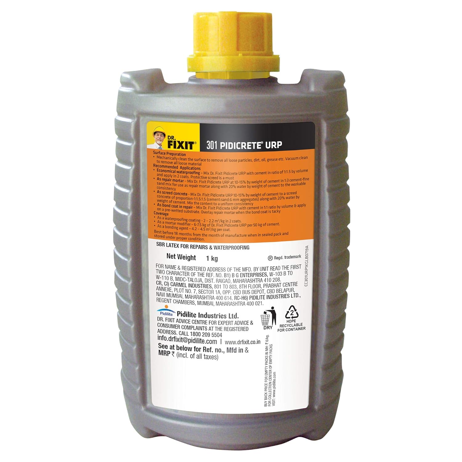 Dr Fixit 301 Sbr Latex Pidicrete Urp Sbr Latex For Waterproofing Repairs 1kg Grey 1pc Amazon In Industrial Scientific